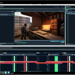 **Static Analysis of Container Image:** A developer integrating static analysis tools (like Trivy) into a CI/CD pipeline. The scene shows a computer screen displaying vulnerability reports during the container build process, with code and container-related icons in the background. Focus on the developer resolving issues.