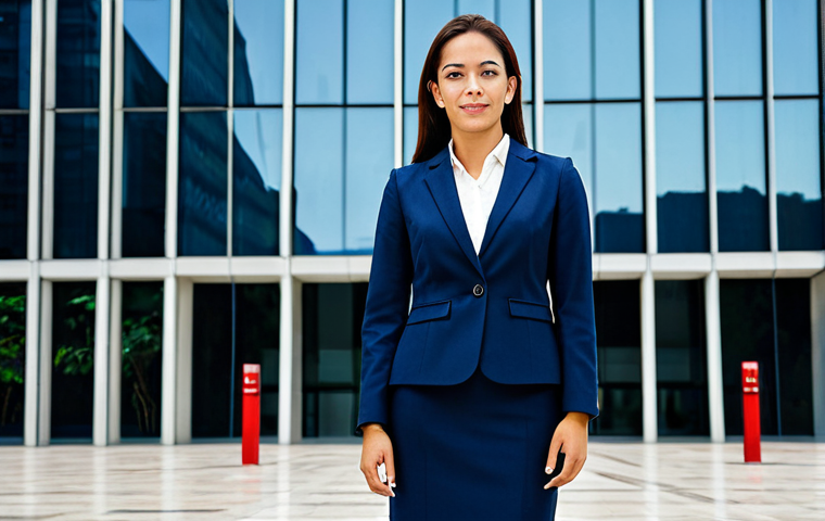 Business Professional**
"A professional businesswoman in a modest, dark blue business suit, standing confidently in front of a modern glass office building in São Paulo, Brazil. Fully clothed, appropriate attire, safe for work, perfect anatomy, natural proportions, professional corporate photography, high quality, clear focus, family-friendly."
**