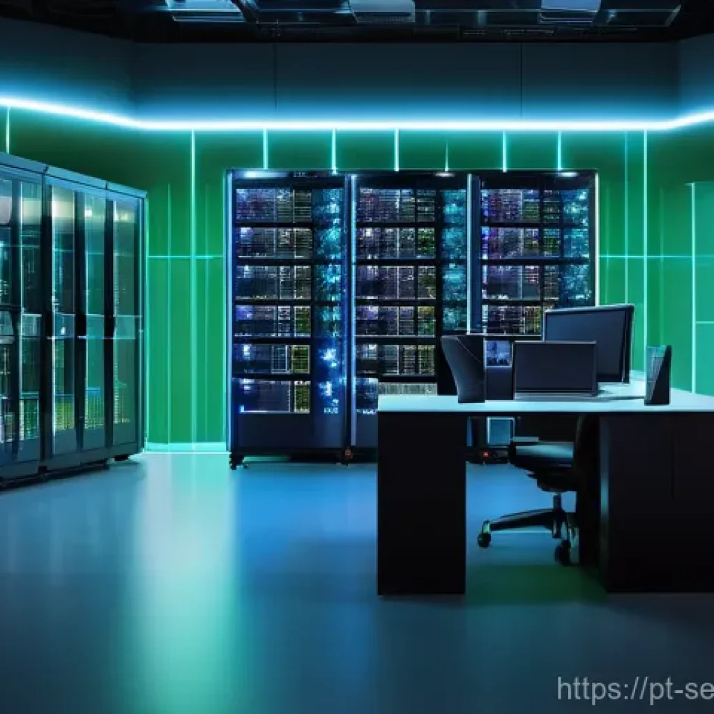 컨테이너 배포 시 보안 고려사항 - **Prompt:** A sleek, futuristic data center hums with activity. Rows of transparent server racks sho...