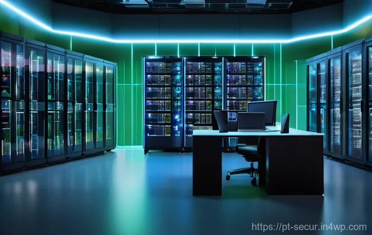 컨테이너 배포 시 보안 고려사항 - **Prompt:** A sleek, futuristic data center hums with activity. Rows of transparent server racks sho...