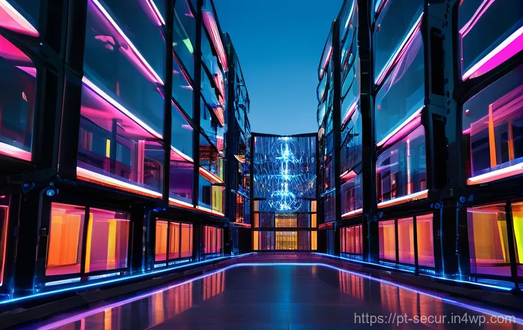 컨테이너 배포 시 보안 고려사항 - **Prompt:** A sleek, futuristic data center hums with activity. Rows of transparent server racks sho...