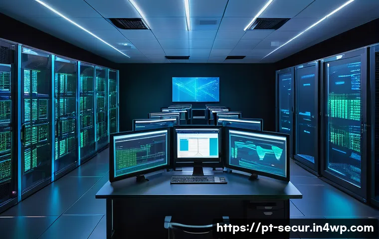 컨테이너 보안에서의 컴플라이언스 이슈 - A futuristic, high-tech data center environment focused on container security, showing multiple tran...