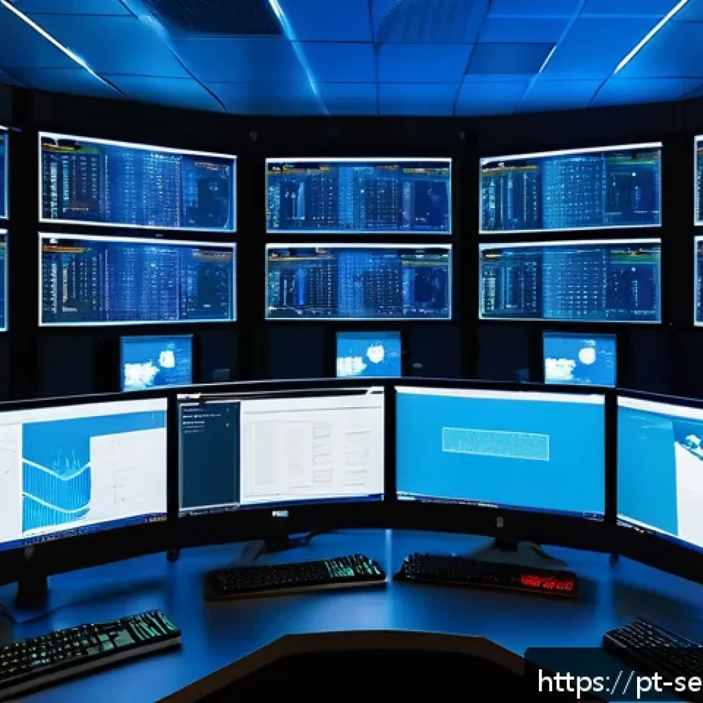 컨테이너 배포 후 보안 점검 방법 - A high-tech server room environment focused on container security: multiple sleek computer monitors ...
