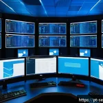 Home 22 컨테이너 배포 후 보안 점검 방법 - A high-tech server room environment focused on container security: multiple sleek computer monitors ...