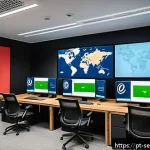 Home 21 컨테이너 보안 정책 수립 가이드 - A modern tech workspace featuring a diverse team of IT professionals collaborating around multiple c...