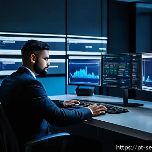 Home 31 컨테이너 서비스의 보안 검토 프로세스 - A modern IT professional workspace focused on container security: a sleek desk with multiple high-re...