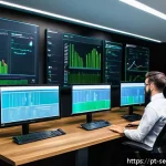 Home 18 컨테이너 보안에서의 비즈니스 연속성 계획 - A high-tech server room with multiple large screens displaying real-time container monitoring dashbo...