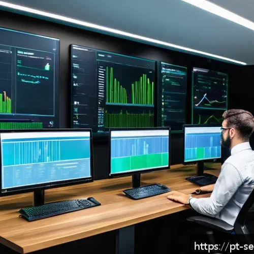 Home 30 컨테이너 보안에서의 비즈니스 연속성 계획 - A high-tech server room with multiple large screens displaying real-time container monitoring dashbo...