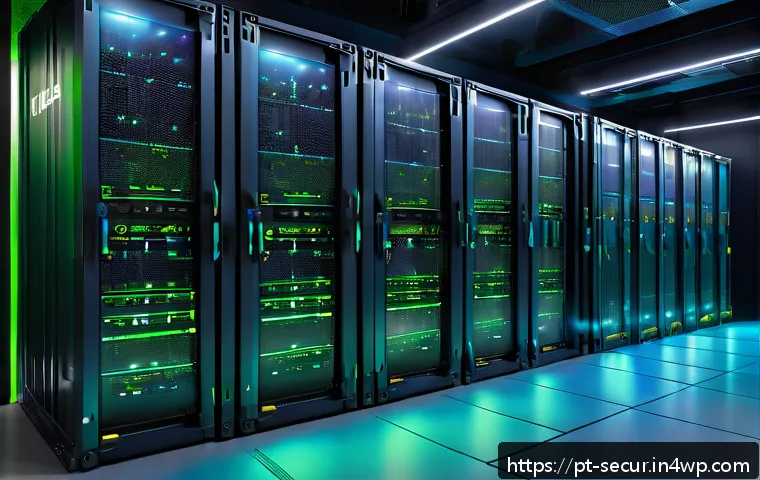 컨테이너 운영 체제와 보안 문제 - A highly detailed digital illustration of a secure containerized server room environment, showcasing...